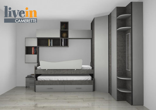 Cameretta dai colori Neutri con letti multifunzione Maxi e Cabina Armadio X150